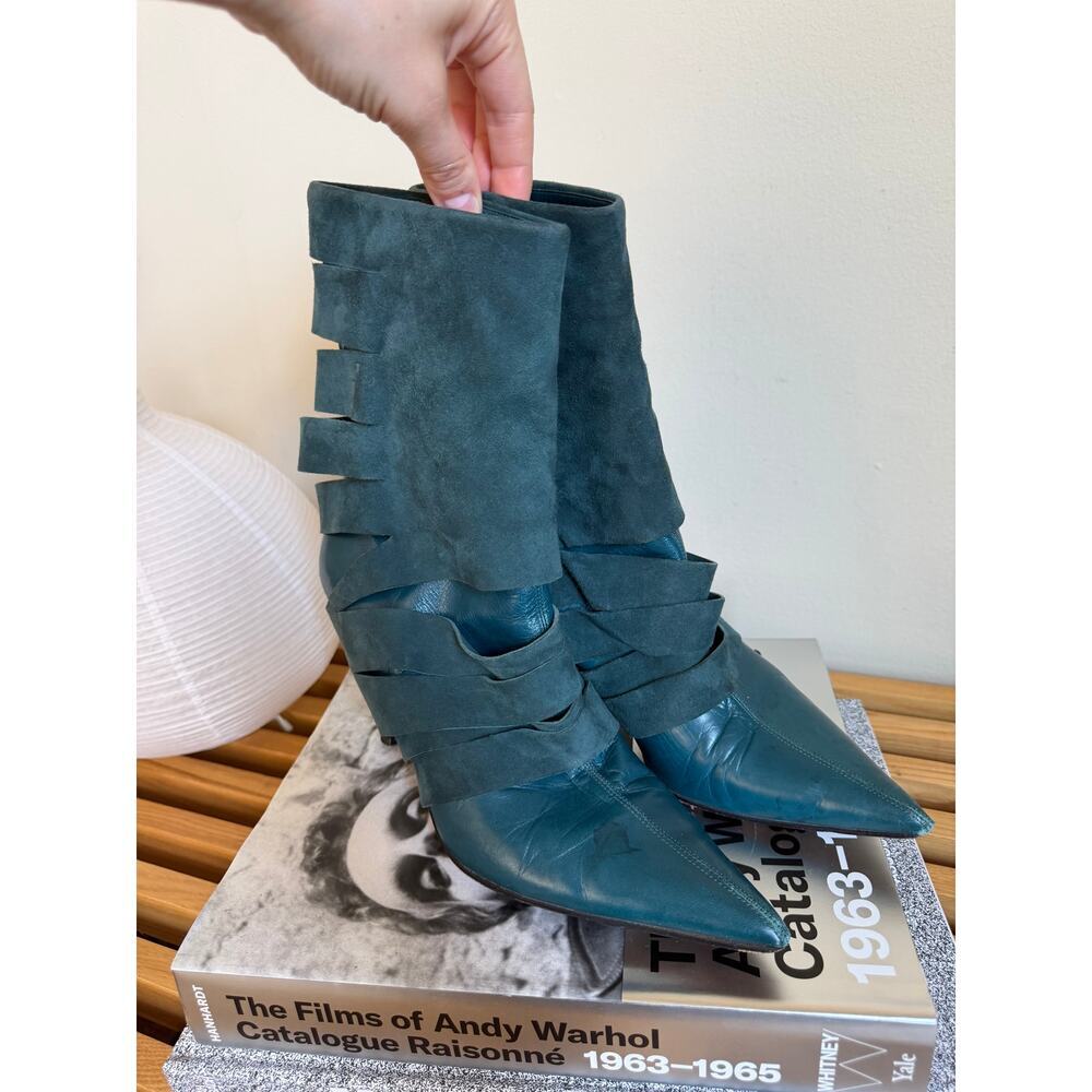 Vintage Christian Dior Galliano Era Teal Leather & Suede Cutout Ankle Boots - Picture 2 of 8